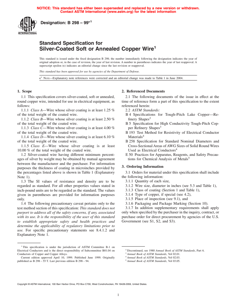 ASTM B298-99e1 - Standard Specification for Silver-Coated Soft or Annealed Copper Wire