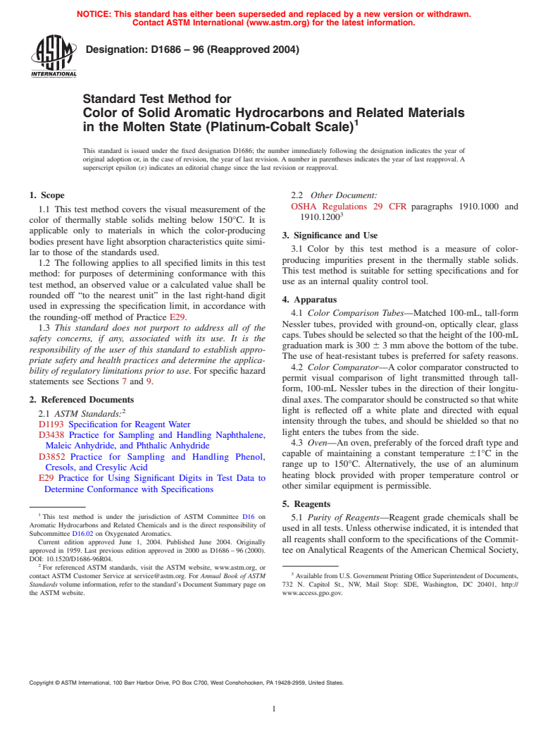 ASTM D1686-96(2004) - Standard Test Method for Color of Solid Aromatic Hydrocarbons and Related Materials in the Molten State (Platinum-Cobalt Scale)