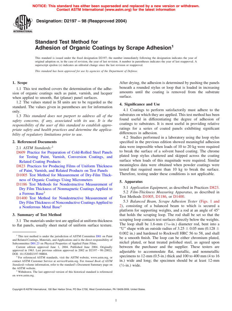 ASTM D2197-98(2004) - Standard Test Method for Adhesion of Organic Coatings by Scrape Adhesion