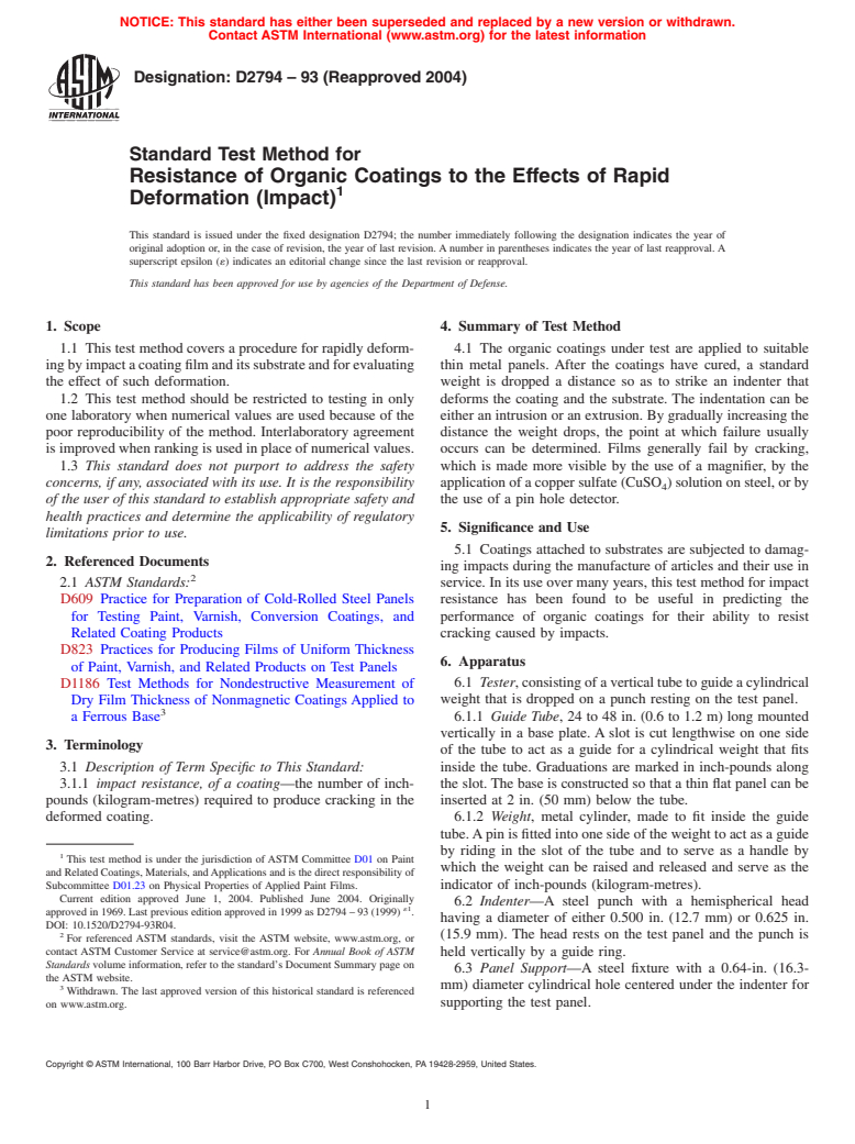 ASTM D2794-93(2004) - Standard Test Method for Resistance of Organic Coatings to the Effects of Rapid Deformation (Impact)