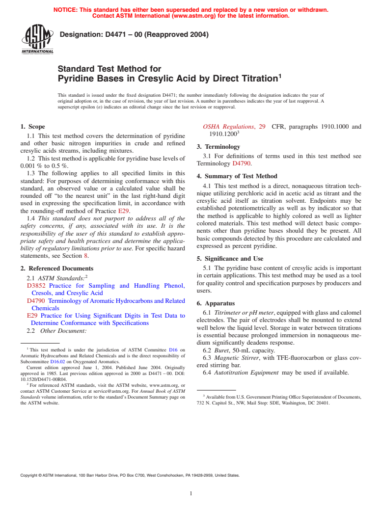 ASTM D4471-00(2004) - Standard Test Method for Pyridine Bases in Cresylic Acid by Direct Titration