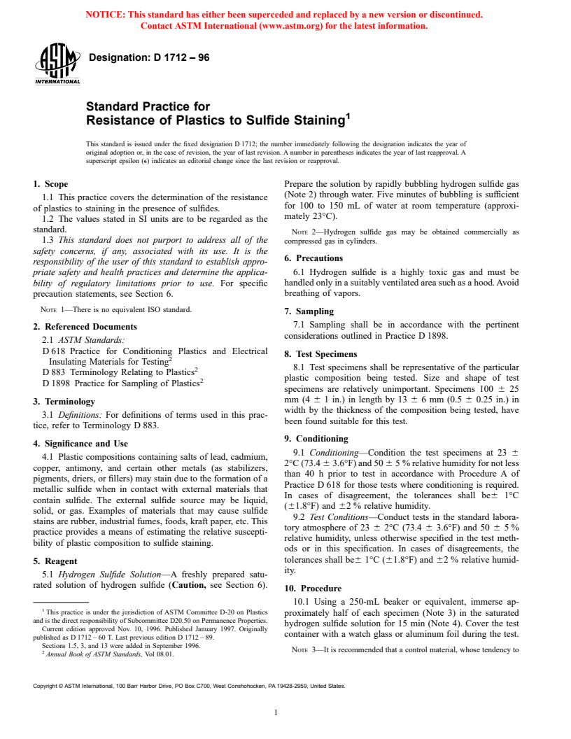 ASTM D1712-96 - Standard Practice for Resistance of Plastics to Sulfide Staining