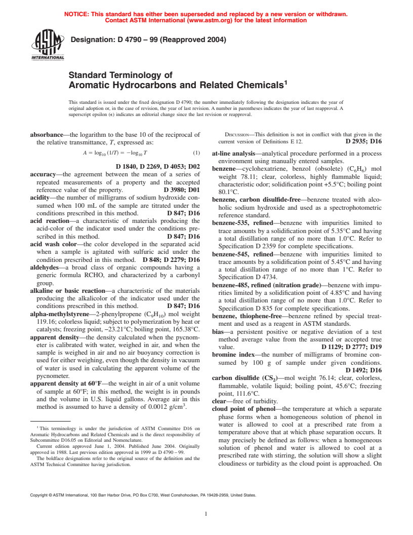 ASTM D4790-99(2004) - Standard Terminology of Aromatic Hydrocarbons and Related Chemicals