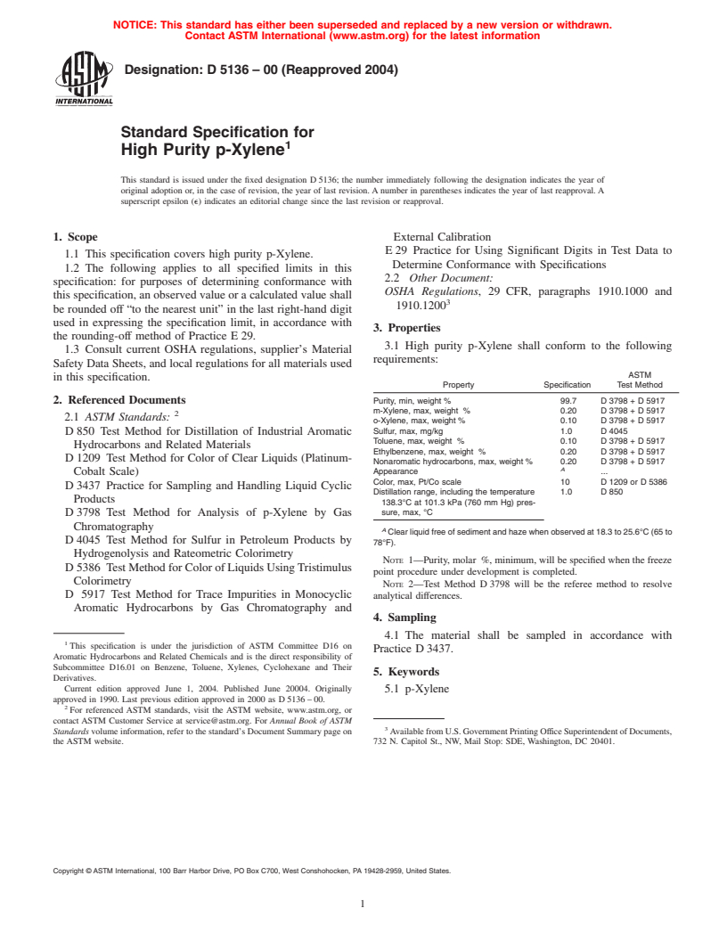 ASTM D5136-00(2004) - Standard Specification for High Purity p-Xylene