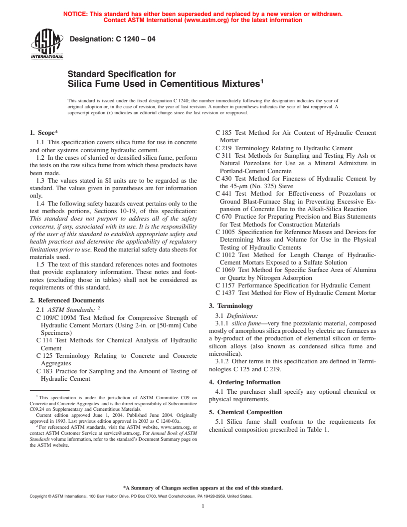 ASTM C1240-04 - Standard Specification for Silica Fume Used in Cementitious Mixtures