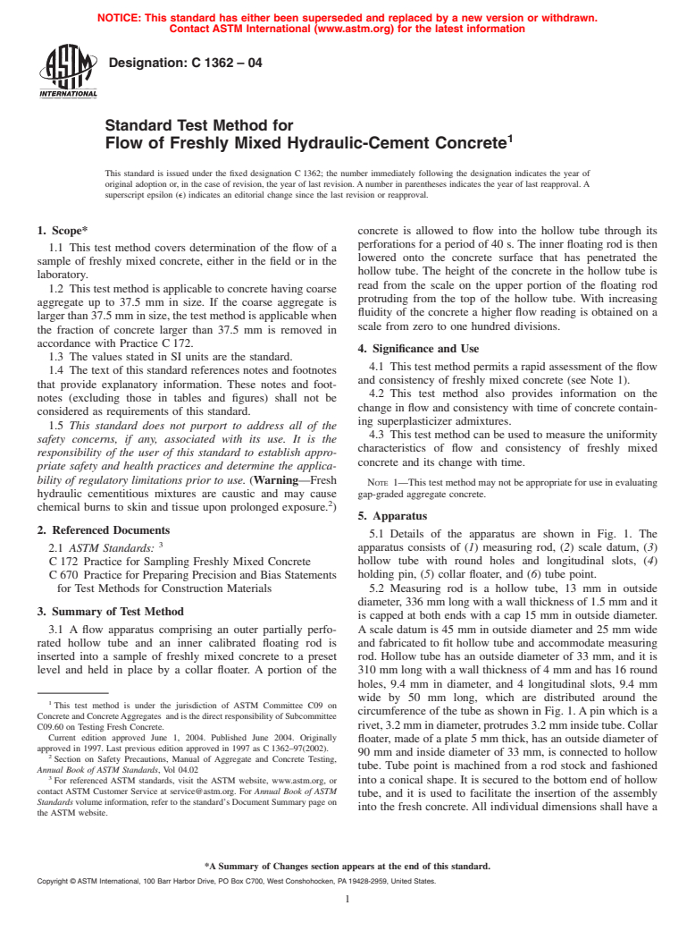 ASTM C1362-04 - Standard Test Method for Flow of Freshly Mixed Hydraulic Cement Concrete