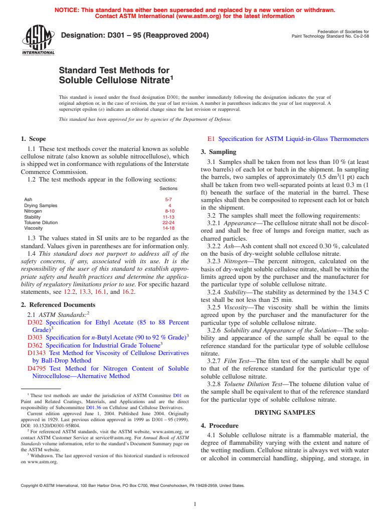 ASTM D301-95(2004) - Standard Test Methods for Soluble Cellulose Nitrate (Withdrawn 2011)