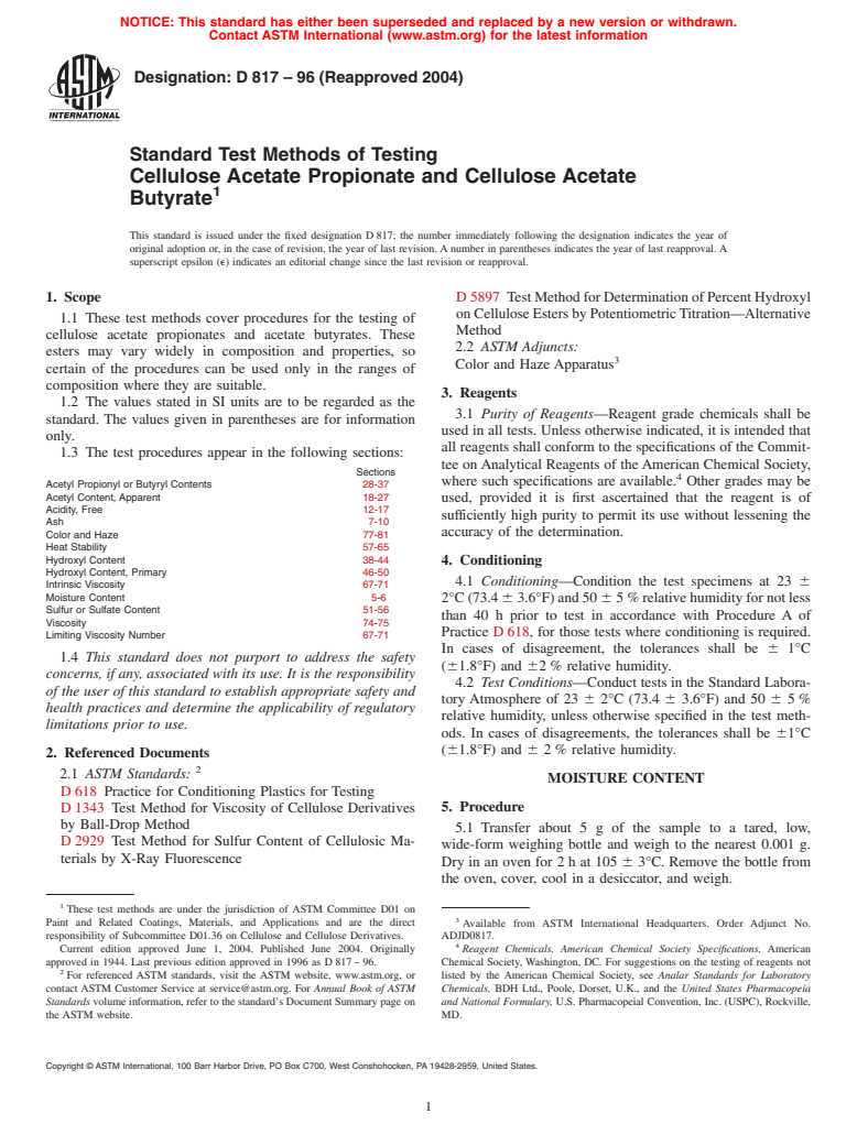 ASTM D817-96(2004) - Standard Test Methods of Testing Cellulose Acetate Propionate and Cellulose Acetate Butyrate