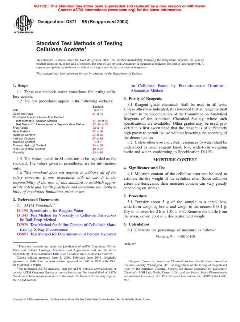 ASTM D871-96(2004) - Standard Test Methods of Testing Cellulose Acetate