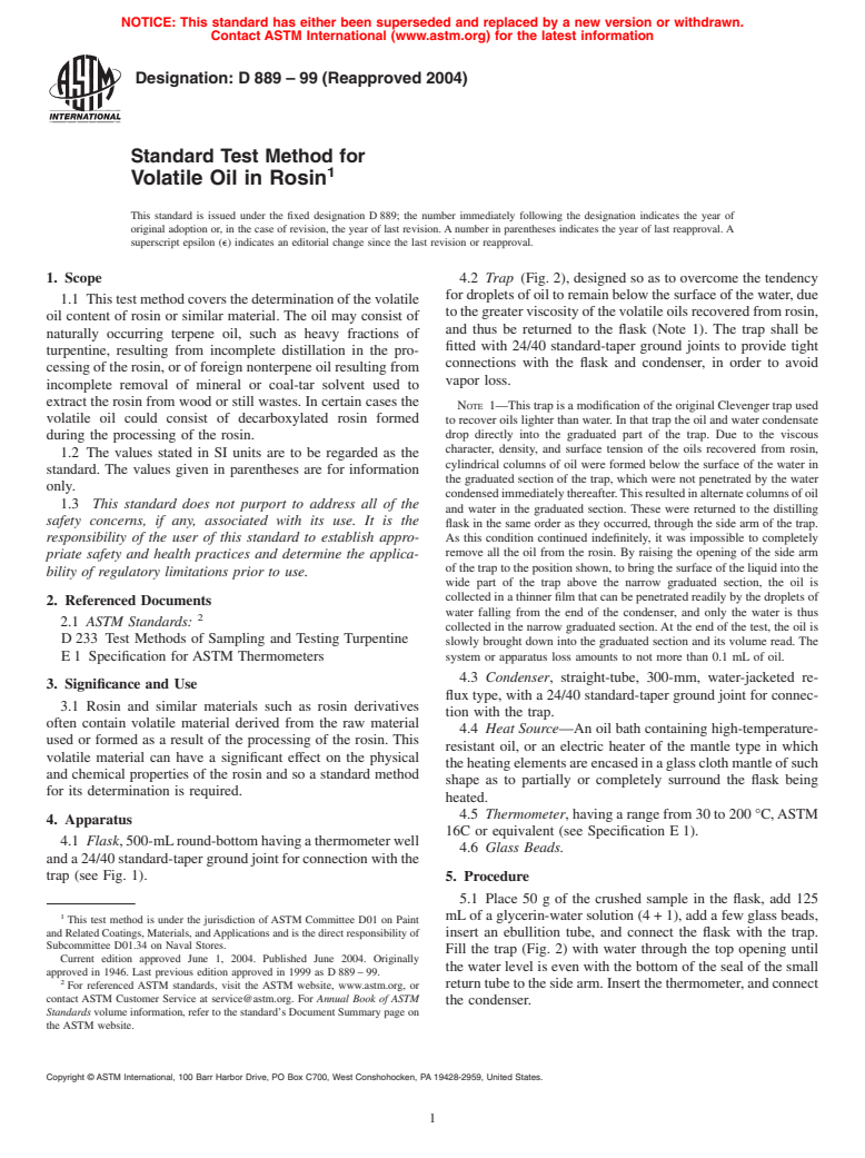 ASTM D889-99(2004) - Standard Test Method for Volatile Oil in Rosin