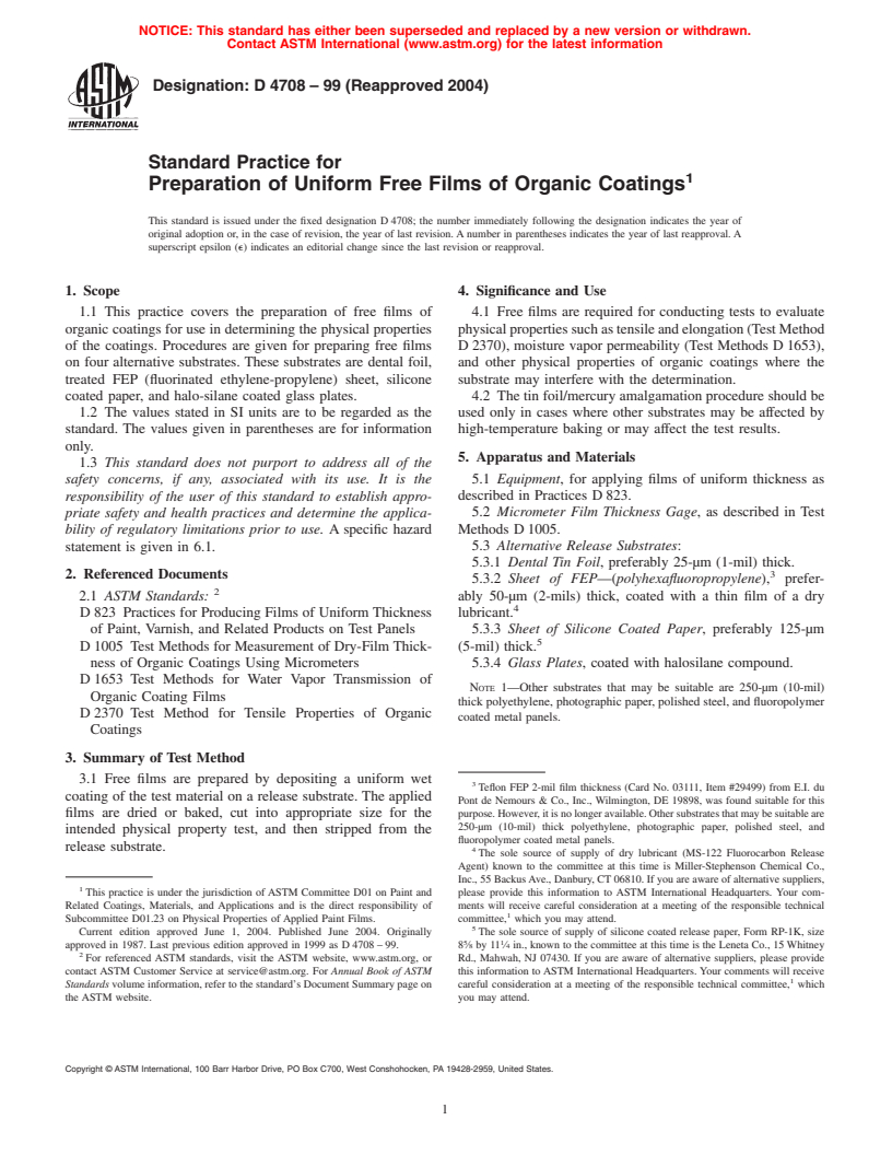 ASTM D4708-99(2004) - Standard Practice for Preparation of Uniform Free Films of Organic Coatings