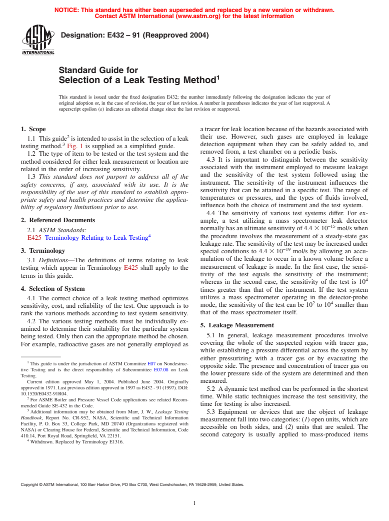 ASTM E432-91(2004) - Standard Guide for Selection of a Leak Testing Method