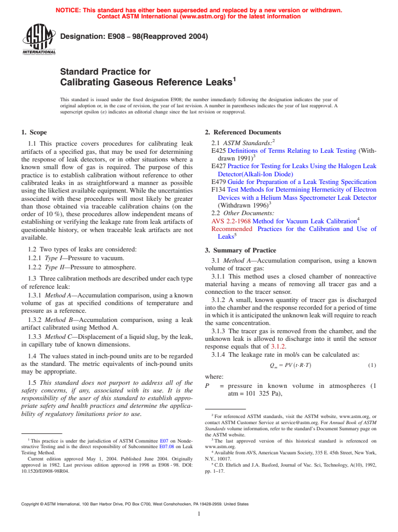 ASTM E908-98(2004) - Standard Practice for Calibrating Gaseous Reference Leaks