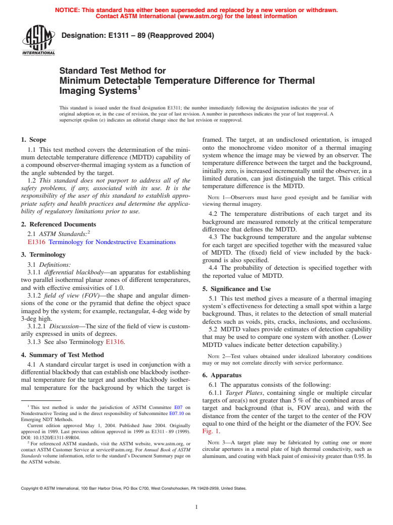 ASTM E1311-89(2004) - Standard Test Method for Minimum Detectable Temperature Difference for Thermal Imaging Systems