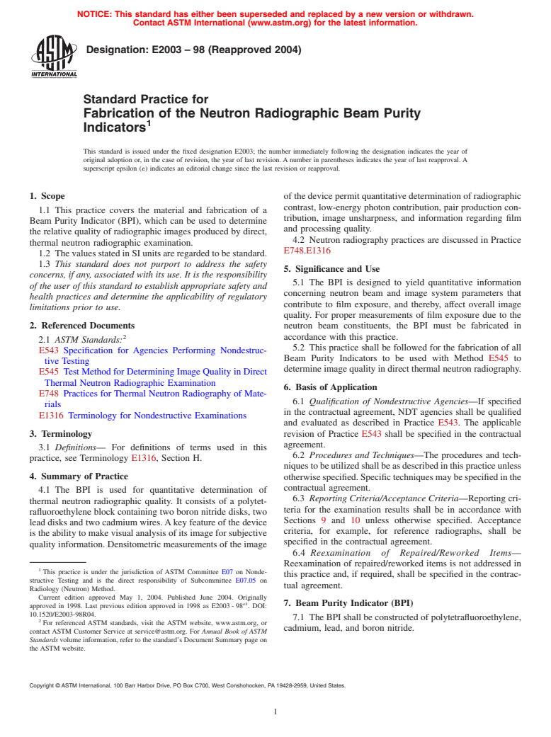 ASTM E2003-98(2004) - Standard Practice for Fabrication of the Neutron Radiographic Beam Purity Indicators