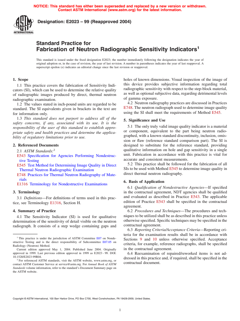 ASTM E2023-99(2004) - Standard Practice for Fabrication of Neutron Radiographic Sensitivity Indicators