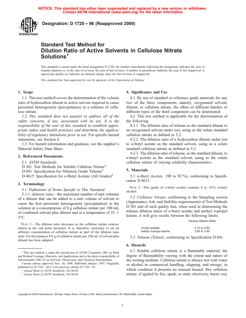 ASTM D1720-96(2000) - Standard Test Method for Dilution Ratio of Active Solvents in Cellulose Nitrate Solutions