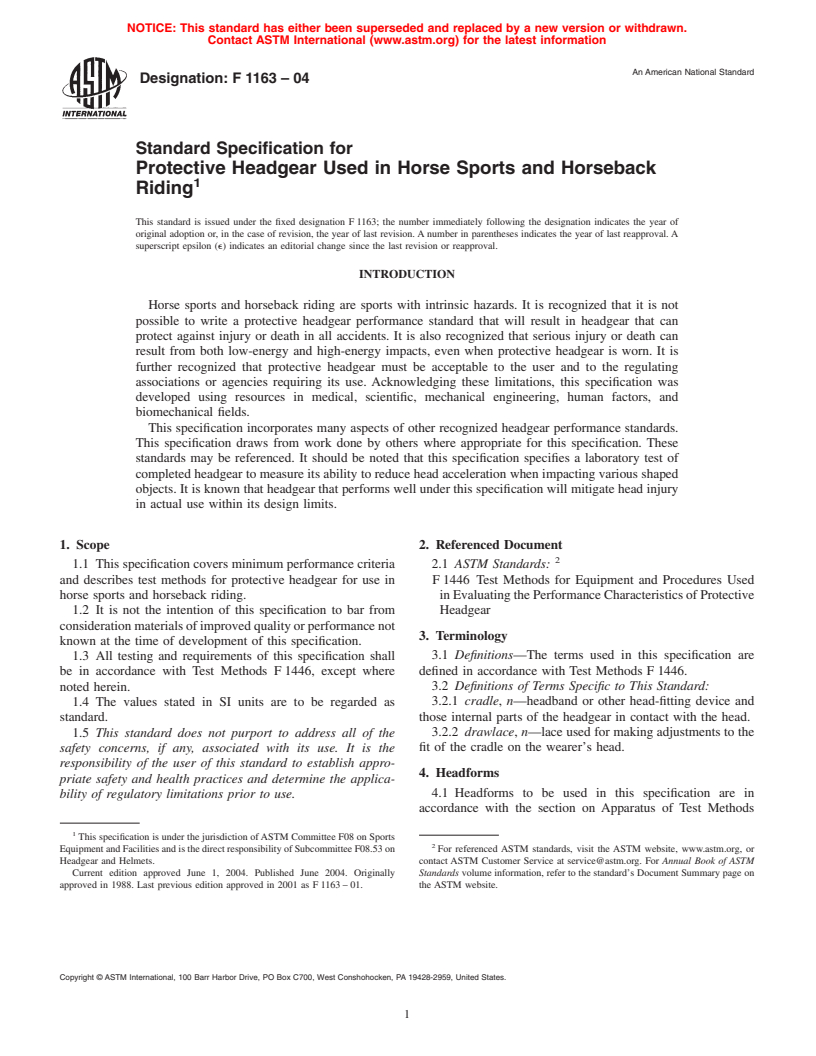 ASTM F1163-04 - Standard Specification for Protective Headgear Used in Horse Sports and Horseback Riding