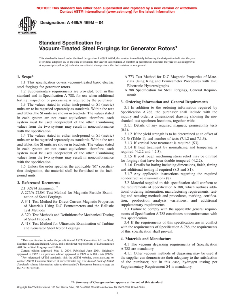 ASTM A469/A469M-04 - Standard Specification for Vacuum-Treated Steel Forgings for Generator Rotors