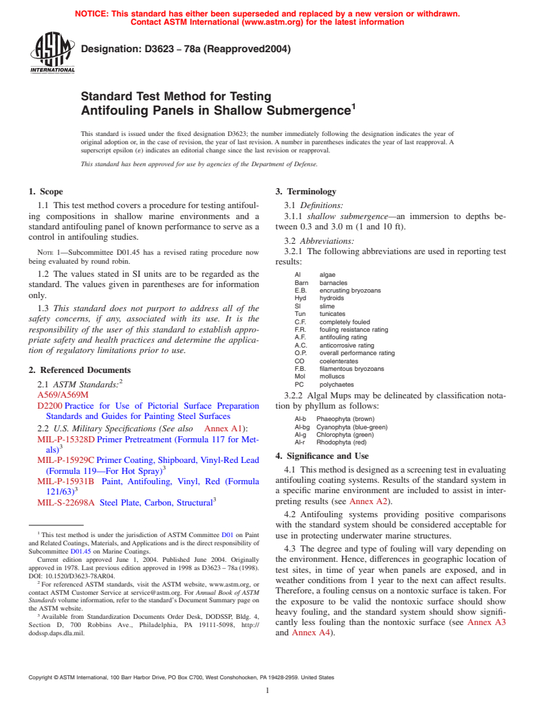 ASTM D3623-78a(2004) - Standard Test Method for Testing Antifouling Panels in Shallow Submergence