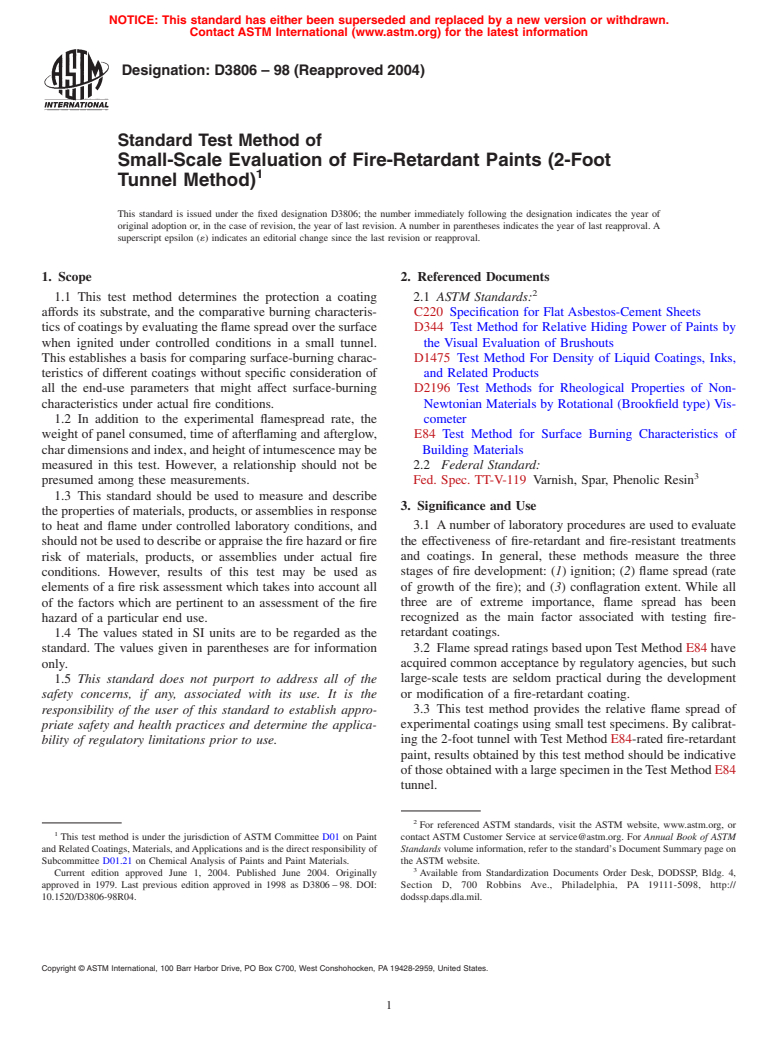 ASTM D3806-98(2004) - Standard Test Method of Small-Scale Evaluation of Fire-Retardant Paints (2-Foot Tunnel Method)