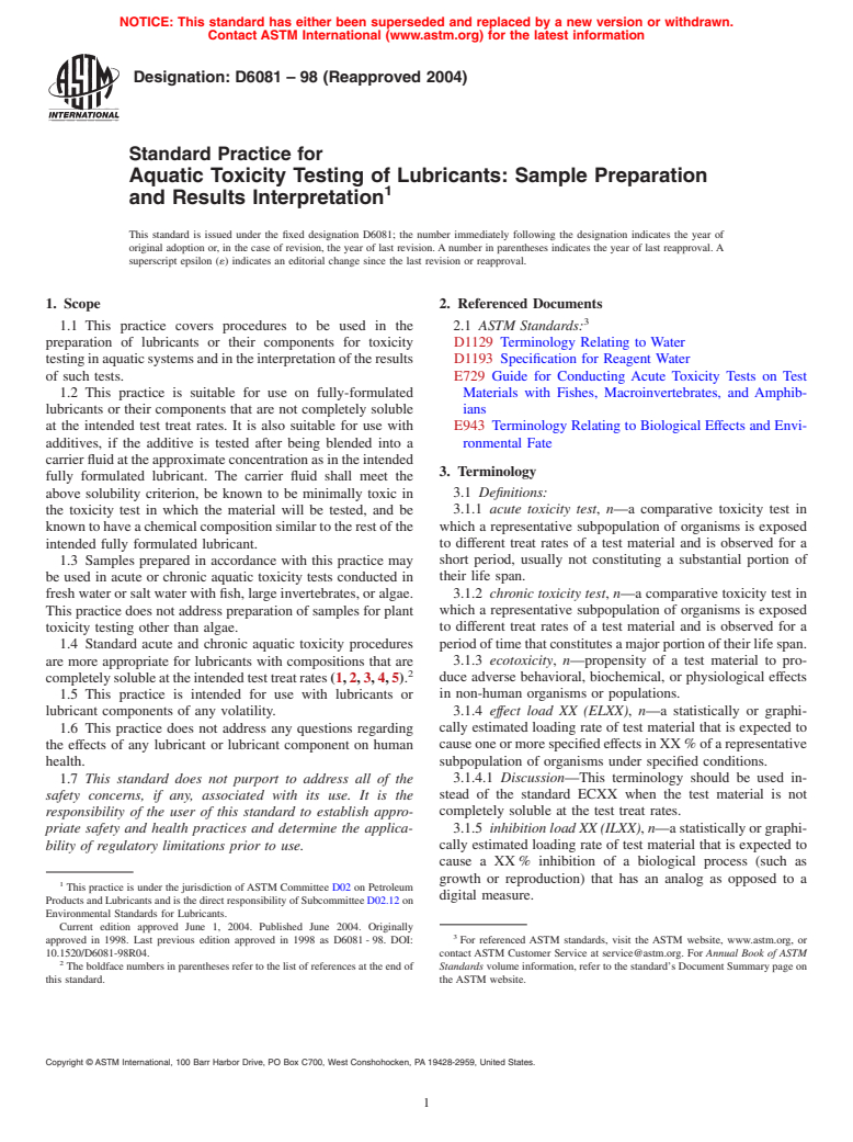 ASTM D6081-98(2004) - Standard Practice for Aquatic Toxicity Testing of Lubricants: Sample Preparation and Results Interpretation