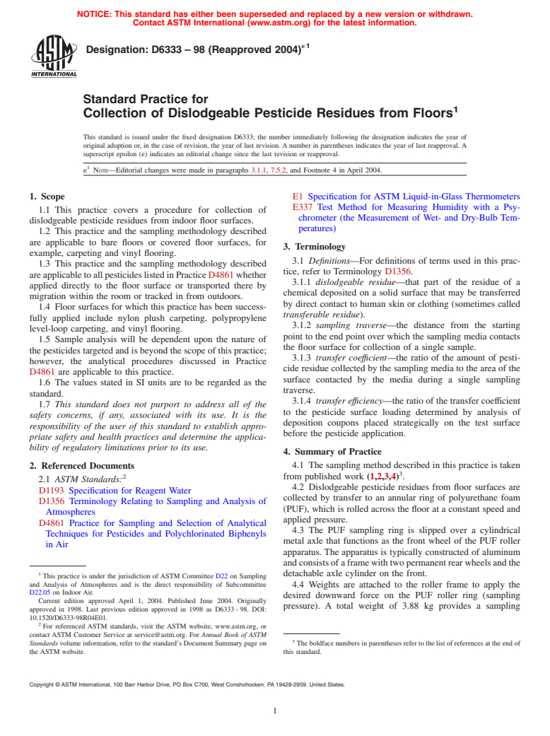 ASTM D6333-98(2004)e1 - Standard Practice for Collection of Dislodgeable Pesticide Residues from Floors