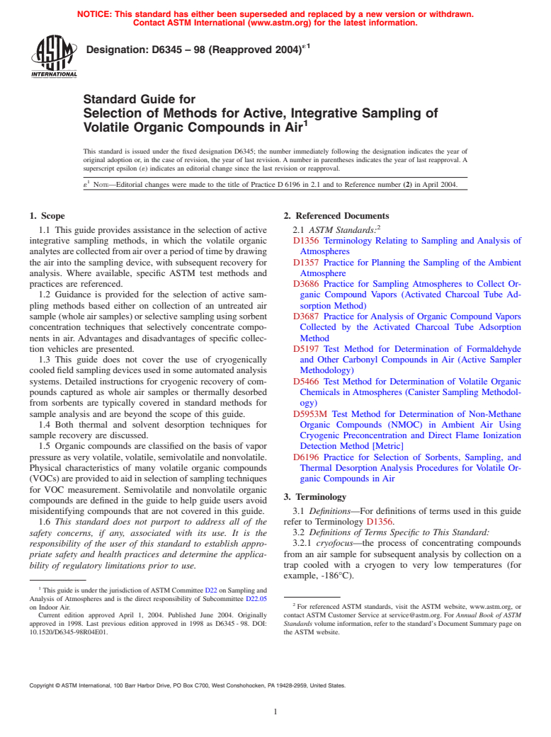 ASTM D6345-98(2004)e1 - Standard Guide for Selection of Methods for Active, Integrative Sampling of Volatile Organic Compounds in Air