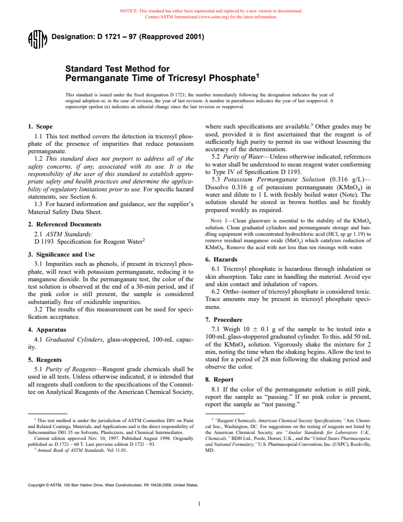 ASTM D1721-97(2001) - Standard Test Method for Permanganate Time of Tricresyl Phosphate