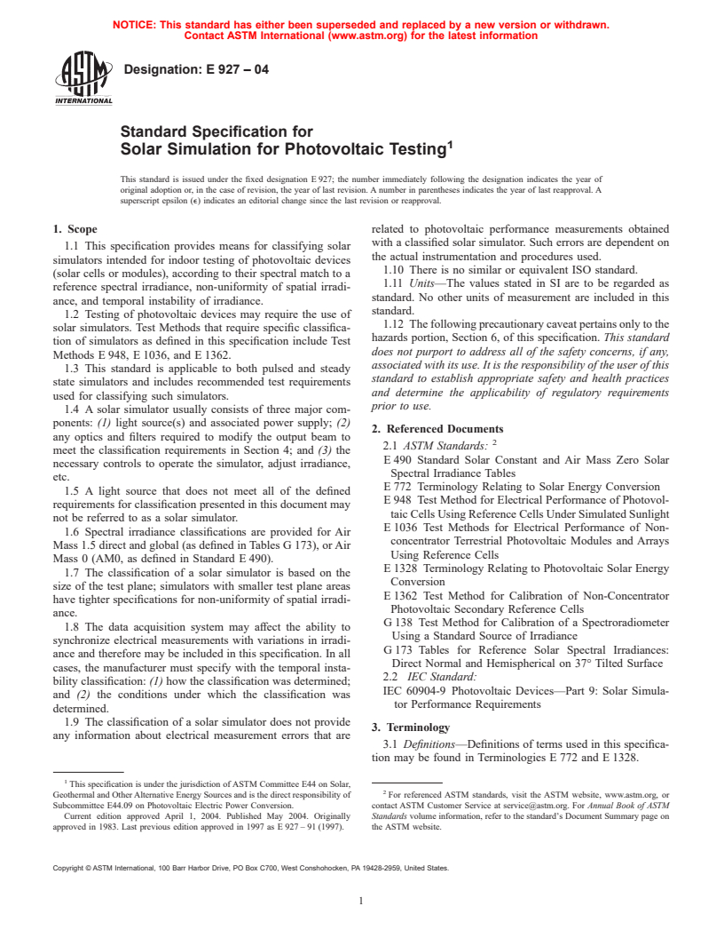 ASTM E927-04 - Standard Specification for Solar Simulation for Terrestrial Photovoltaic Testing