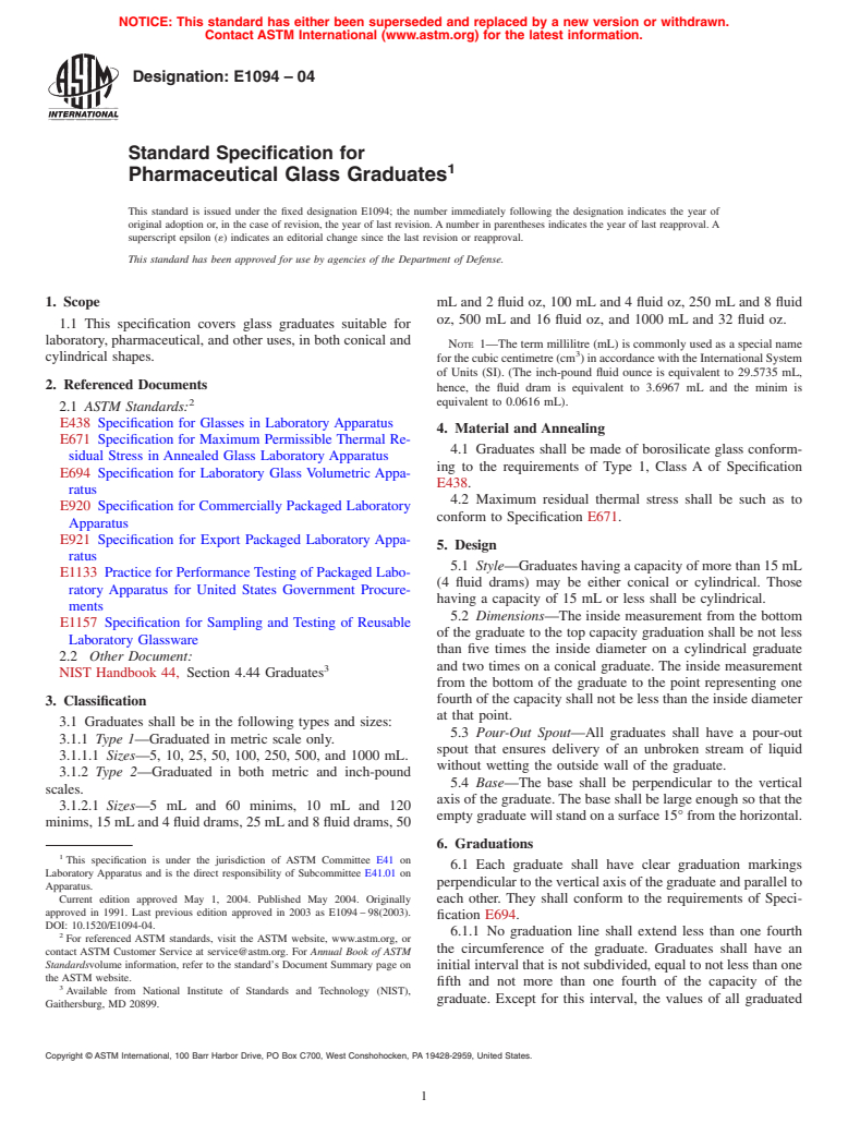 ASTM E1094-04 - Standard Specification for Pharmaceutical Glass Graduates