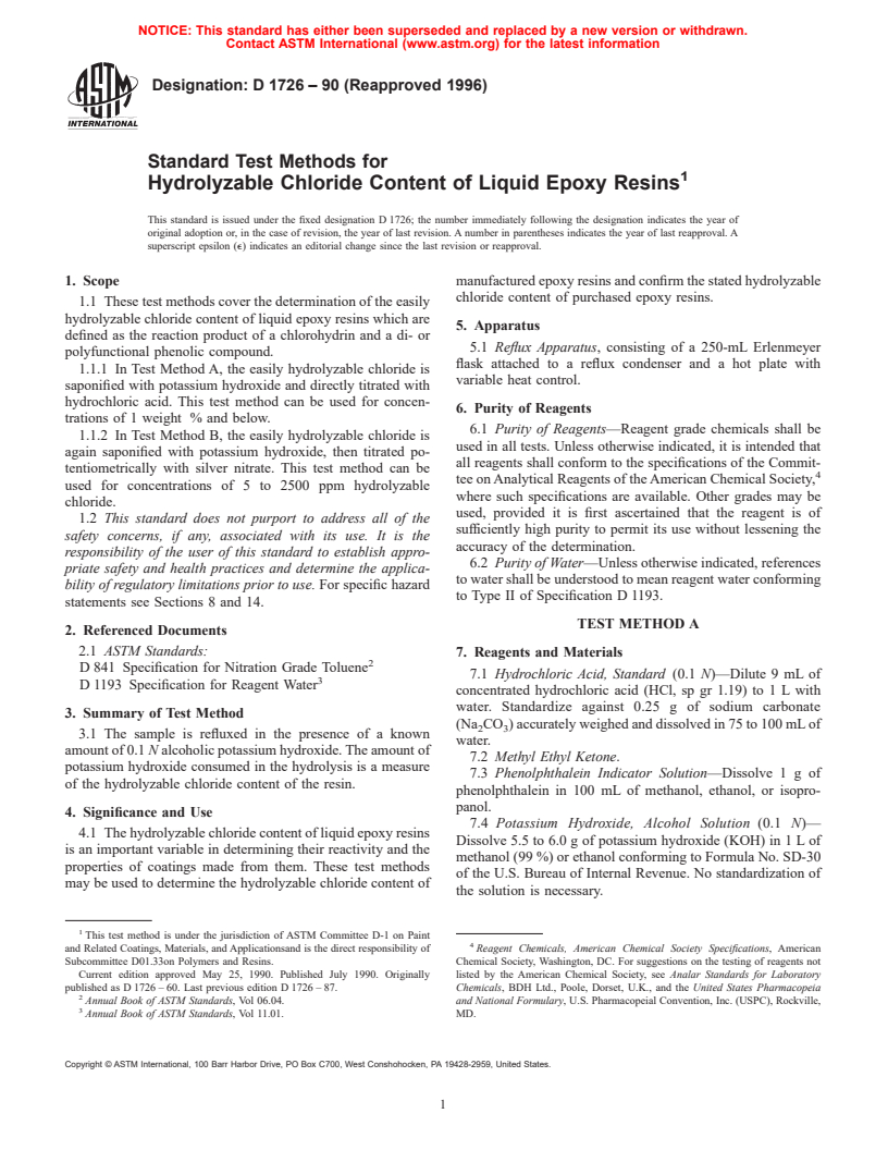 ASTM D1726-90(1996) - Standard Test Methods for Hydrolyzable Chloride Content of Liquid Epoxy Resins