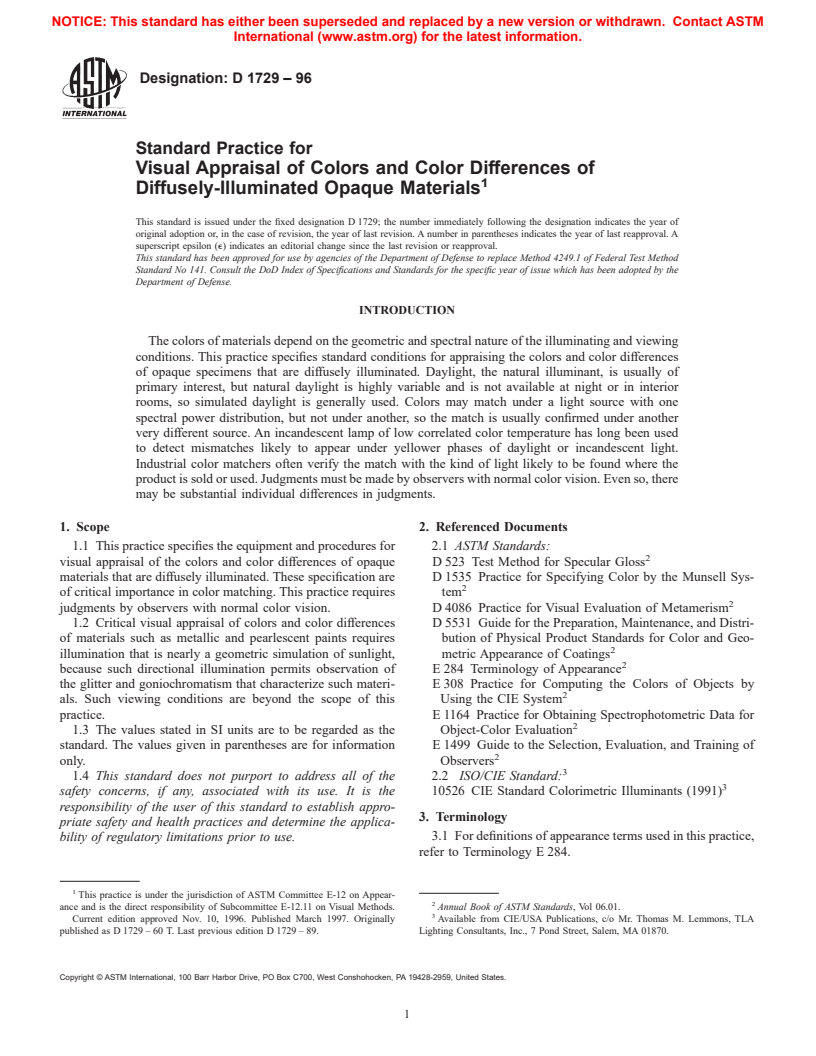 ASTM D1729-96 - Standard Practice for Visual Appraisal of Colors and Color Differences of Diffusely-Illuminated Opaque Materials
