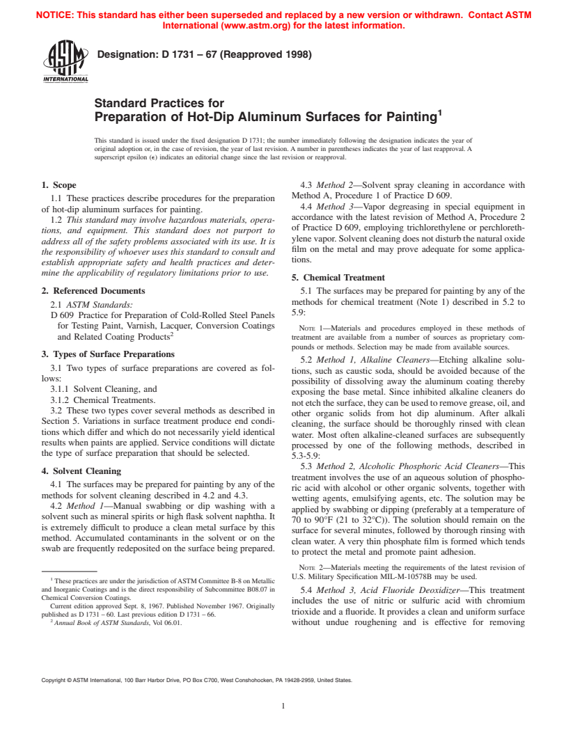 ASTM D1731-67(1998) - Standard Practices for Preparation of Hot-Dip Aluminum Surfaces for Painting