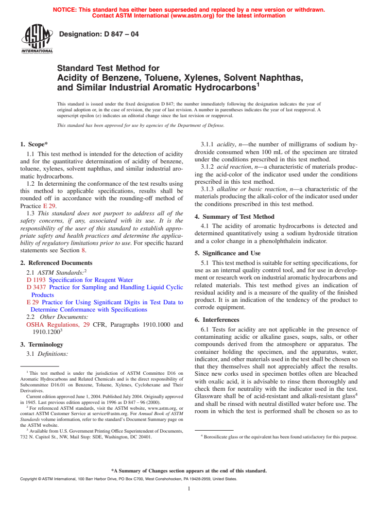 ASTM D847-04 - Standard Test Method for Acidity of Benzene, Toluene, Xylenes, Solvent Naphthas, and Similar Industrial Aromatic Hydrocarbons