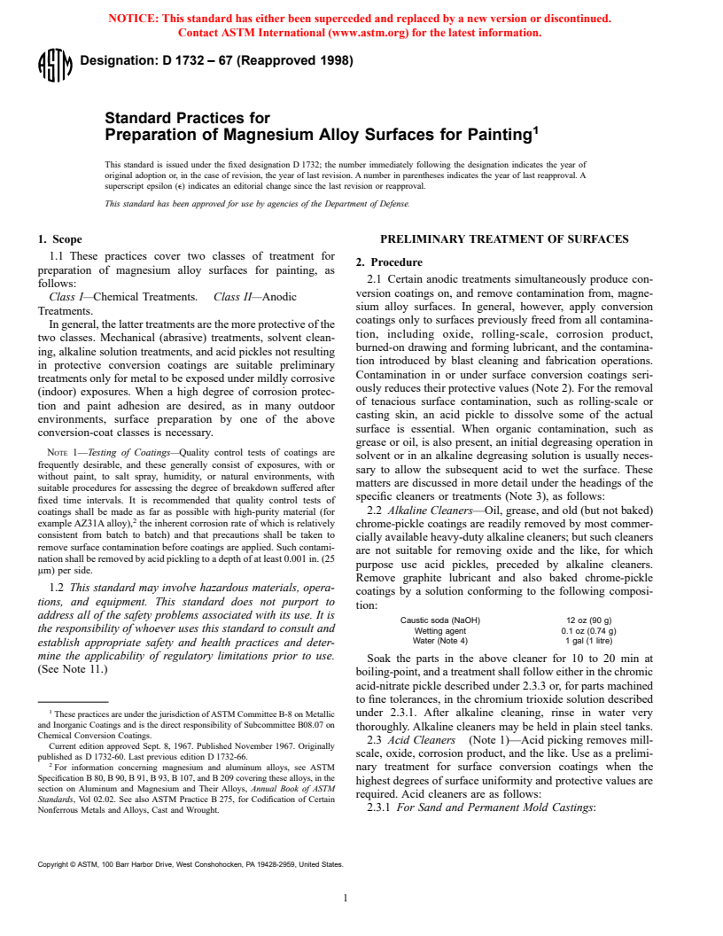 ASTM D1732-67(1998) - Standard Practices for Preparation of Magnesium Alloy Surfaces for Painting