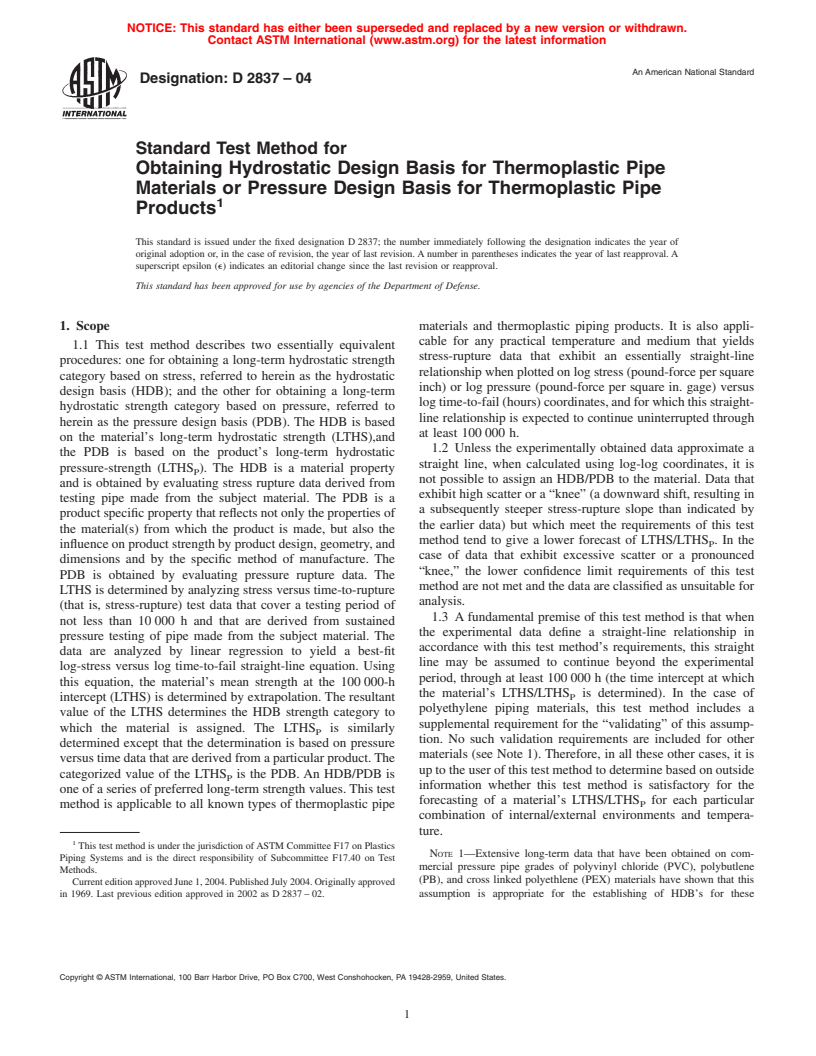 ASTM D2837-04 - Standard Test Method for Obtaining Hydrostatic Design Basis for Thermoplastic Pipe Materials or Pressure Design Basis for Thermoplastic Pipe Products