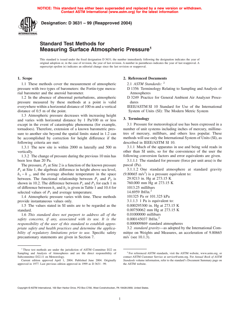 ASTM D3631-99(2004) - Standard Test Methods for Measuring Surface Atmospheric Pressure