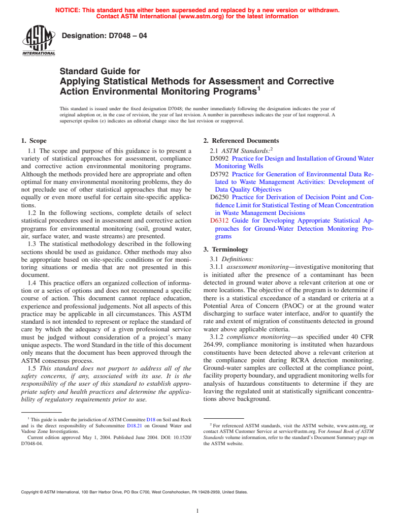 ASTM D7048-04 - Standard Guide for Applying Statistical Methods for Assessment and Corrective Action Environmental Monitoring Programs