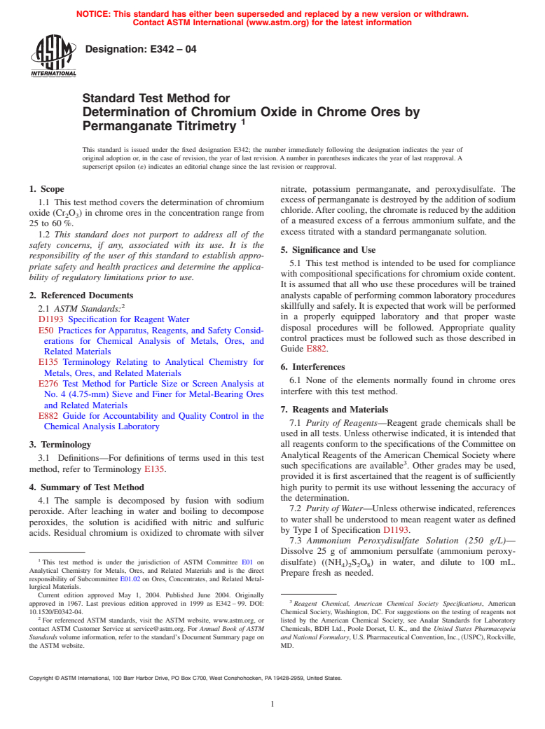 ASTM E342-04 - Standard Test Method for Determination of Chromium Oxide in Chrome Ores by Permanganate Titrimetry