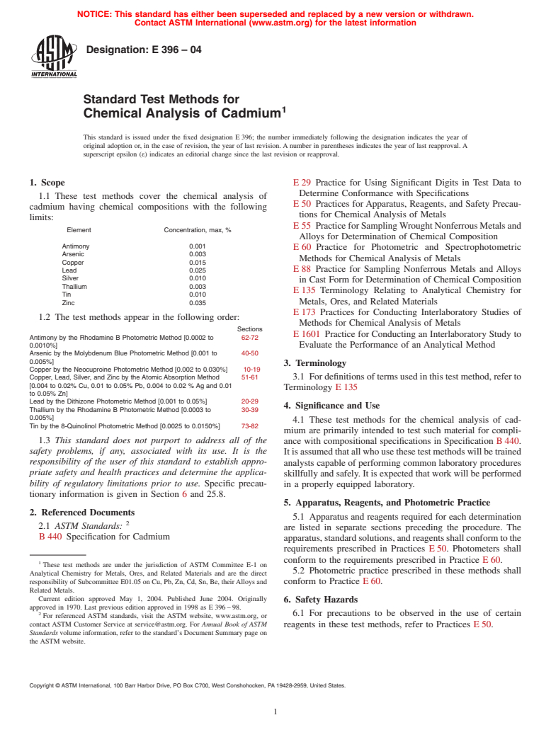 ASTM E396-04 - Standard Test Methods for Chemical Analysis of Cadmium