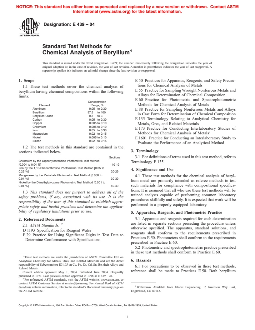 ASTM E439-04 - Standard Test Methods for Chemical Analysis of Beryllium