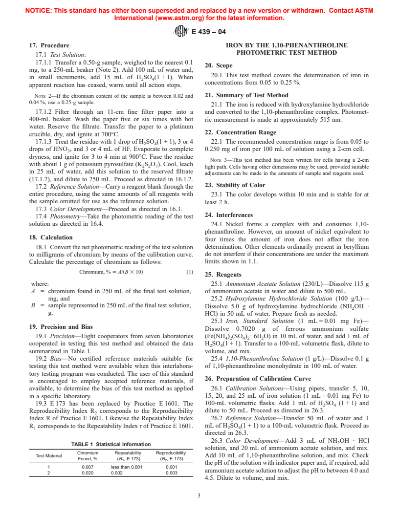 ASTM E439-04 - Standard Test Methods for Chemical Analysis of Beryllium