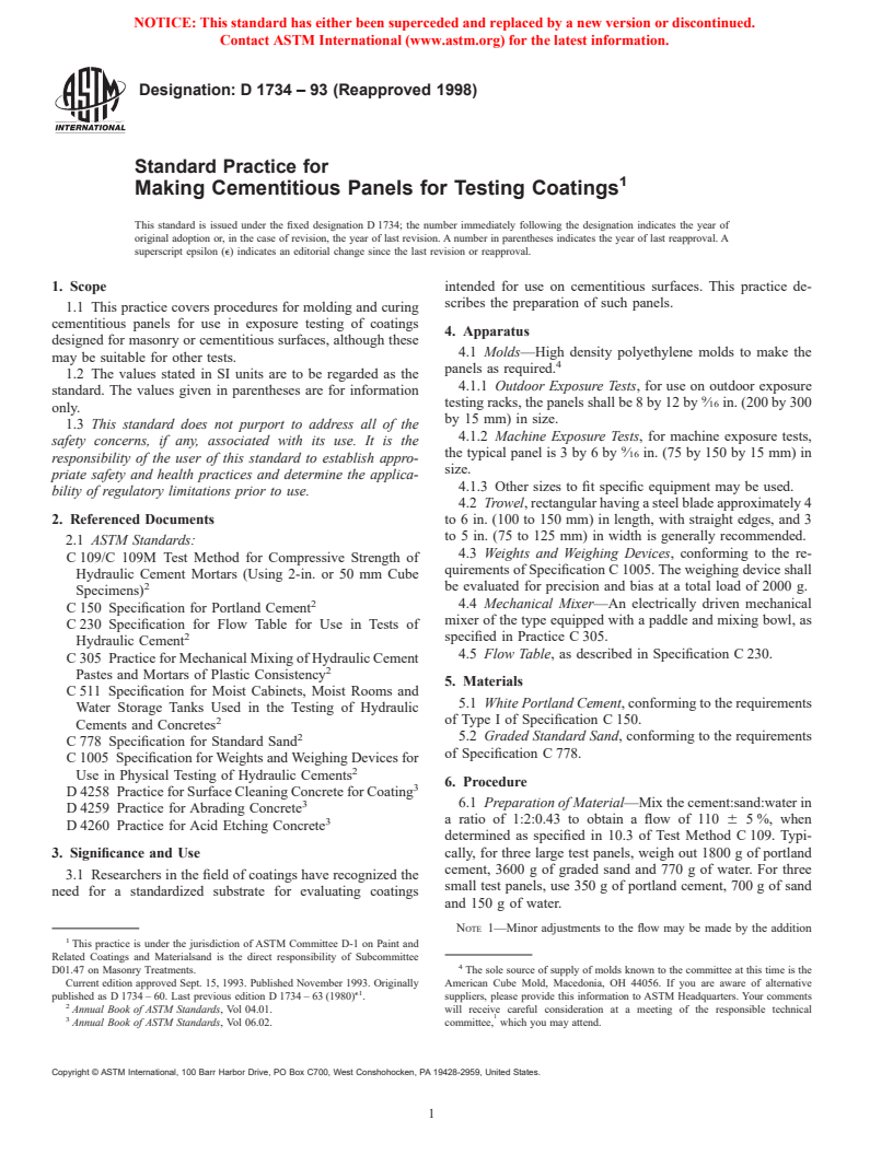 ASTM D1734-93(1998) - Standard Practice for Making Cementitious Panels for Testing Coatings