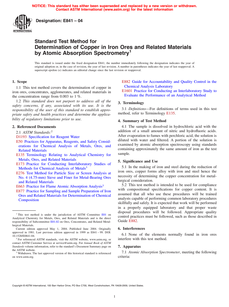 ASTM E841-04 - Standard Test Method for Determination of Copper in Iron Ores and Related Materials by Atomic Absorption Spectroscopy