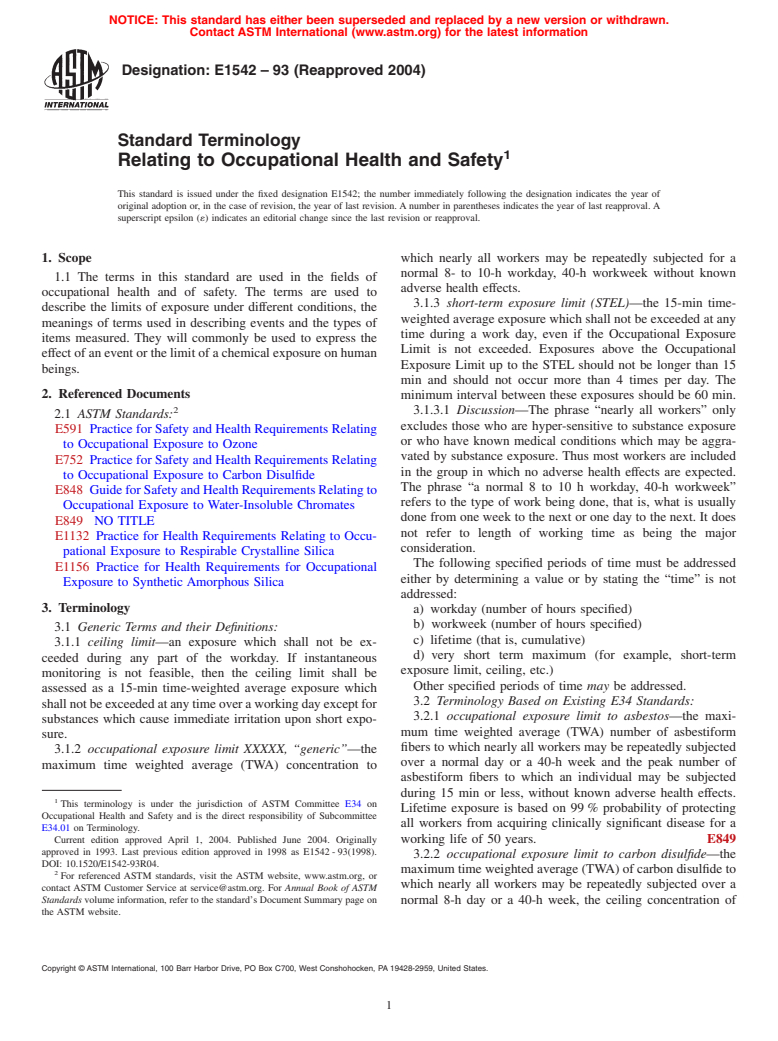 ASTM E1542-93(2004) - Standard Terminology Relating to Occupational Health and Safety