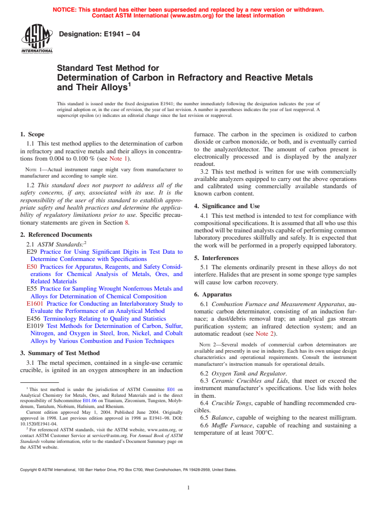 ASTM E1941-04 - Standard Test Method for Determination of Carbon in Refractory and Reactive Metals and Their Alloys