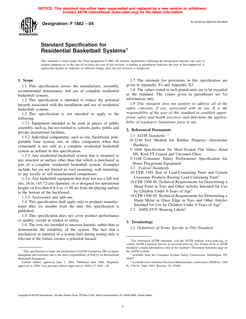 ASTM F1882-04 - Standard Specification for Residential Basketball Systems