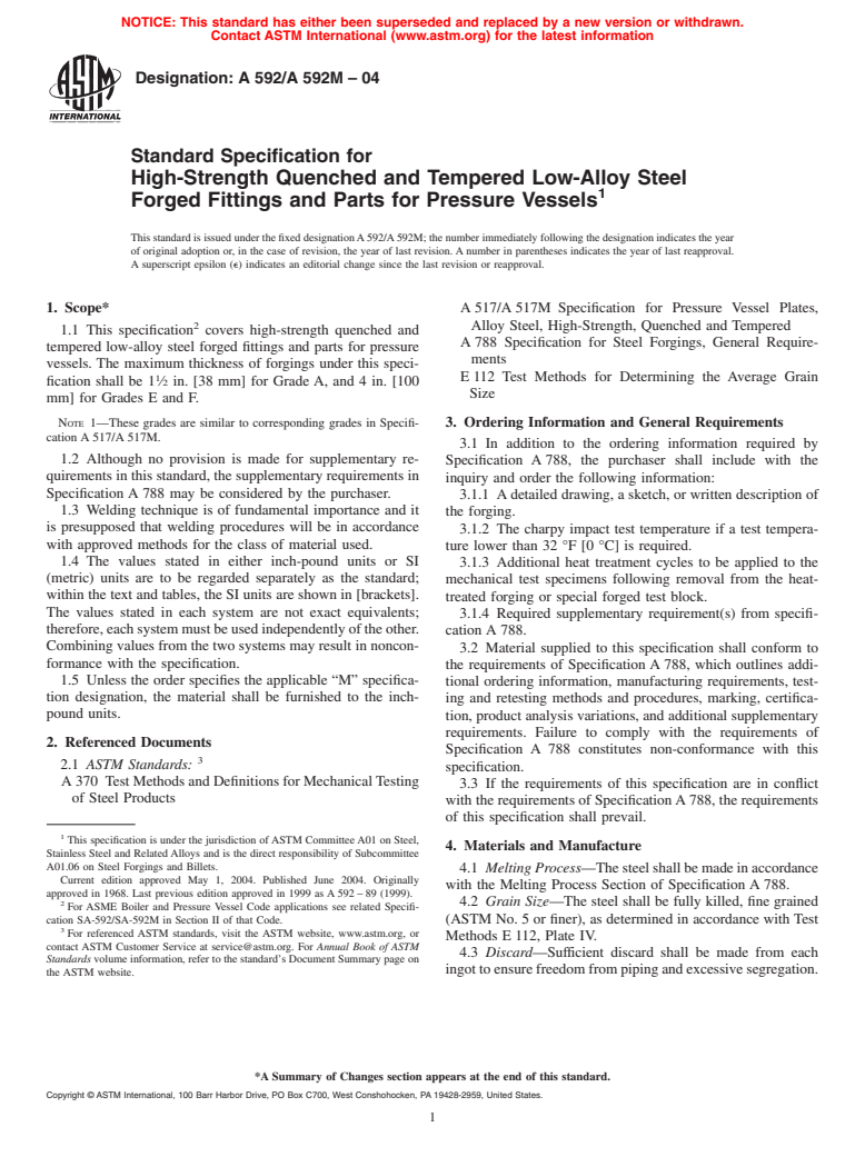 ASTM A592/A592M-04 - Standard Specification for High-Strength Quenched and Tempered Low-Alloy Steel Forged Fittings and Parts for Pressure Vessels