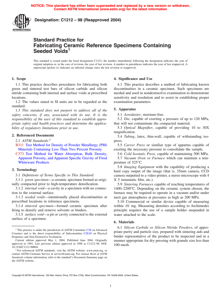 ASTM C1212-98(2004) - Standard Practice for Fabricating Ceramic Reference Specimens Containing Seeded Voids